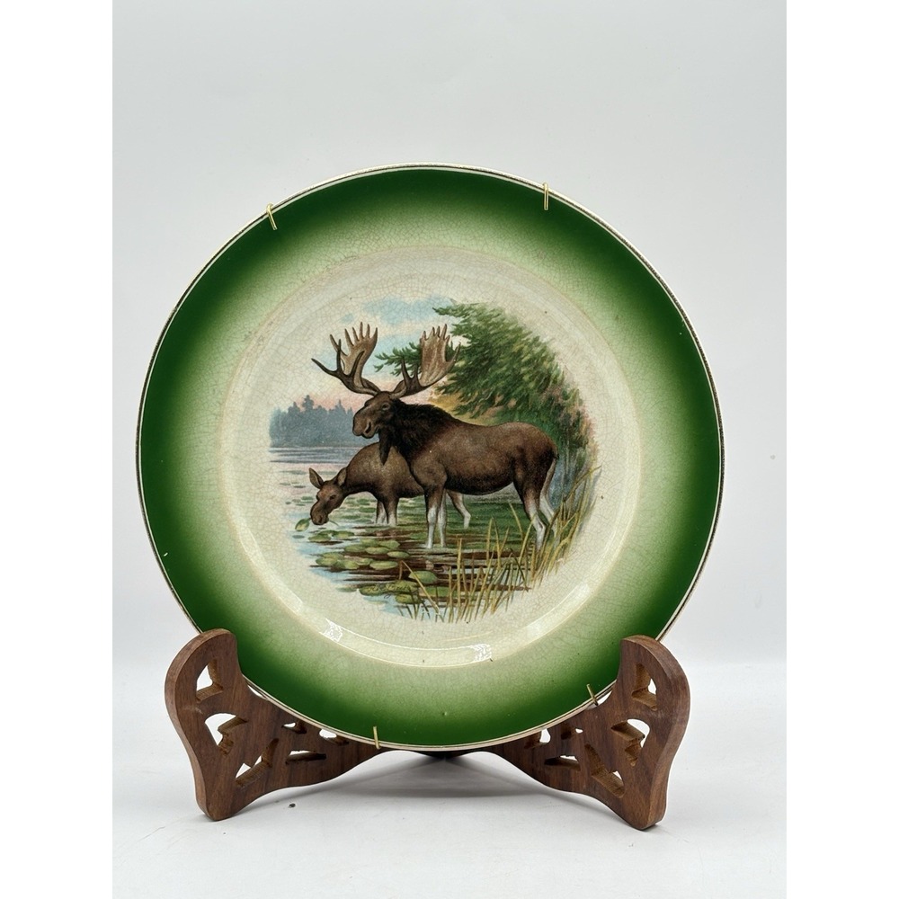 Antique Buffalo Pottery Deer Moose Caribou Plate Green Rustic Ready To Hang